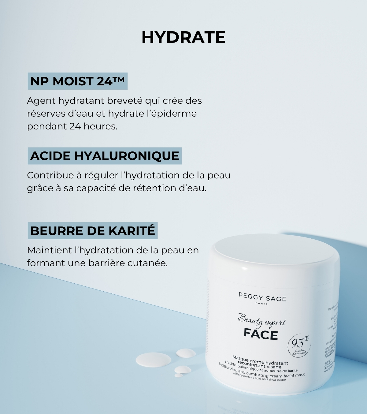 PEGGY SAGE Mascarilla crema hidratante reconfortante facial ácido hialurónico y manteca de karité 100 ml - Imagen 4