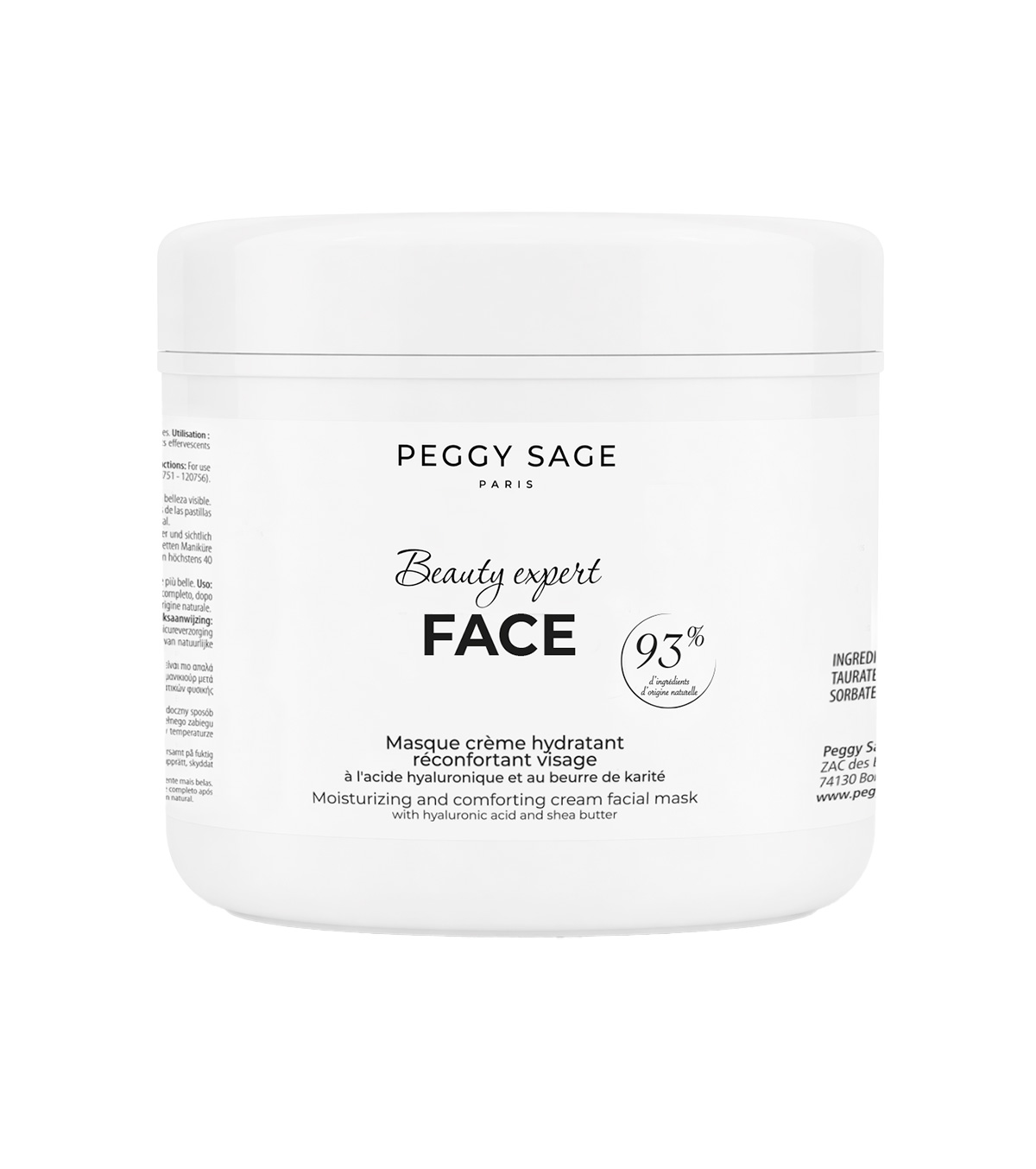 PEGGY SAGE Mascarilla crema hidratante reconfortante facial ácido hialurónico y manteca de karité 500 ml