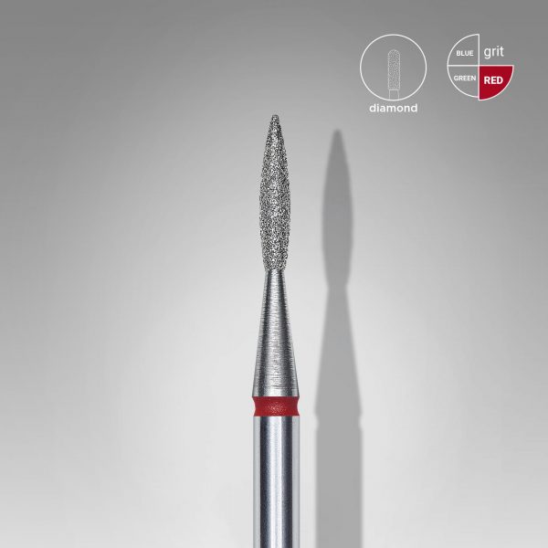 STALEKS Fresa de diamante para uñas, puntiaguda "llama" , roja, diámetro cabeza 1,6 mm/ parte de trabajo 8 mm